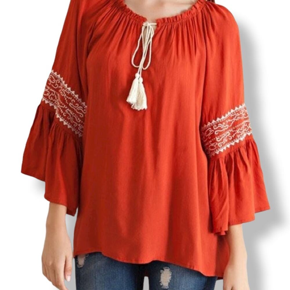 Entro Womens Blouse Size Small Rayon Peasant Rust Boho Hippie Coachella NEW